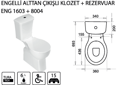 TURAVİT ENGELLİ KLOZET ALTTAN ÇIKIŞLI + REZERVUAR KOD: ENG 1603+8004